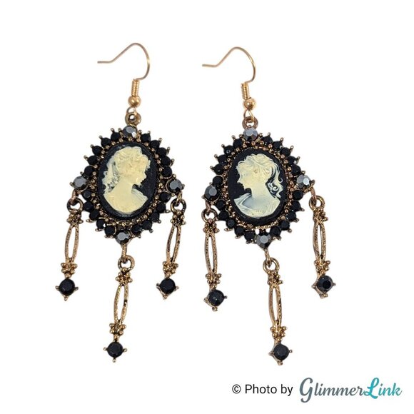 Jewelry - Vintage Style Black Cameo Gothic Chandelier Dangle Earrings Victorian Revival